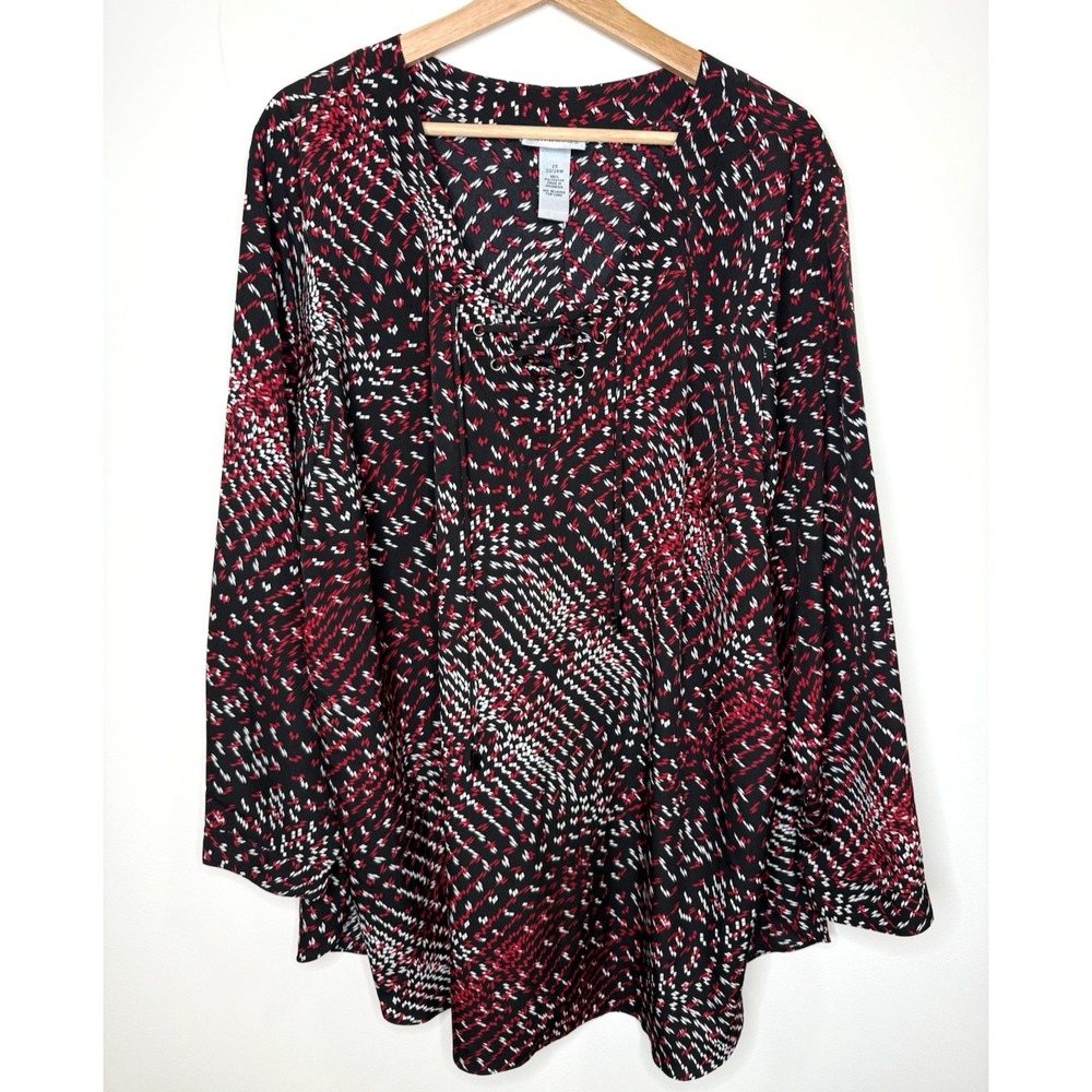 Catherines Tunic Top Plus Size 2X Office Lace Up Tassels Long Sleeve Lightweight